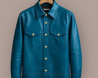 Men’s Luxury Blue Leather Shirt – Handmade cowhide  Slim Fit Western Style.