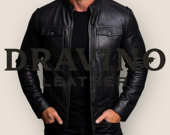 Men’s Black Genuine Leather Jacket – Classic Moto Style with Front Pockets.