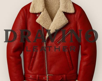 Santa-Style Red Shearling Jacket – Luxury Winter Leather Wear.