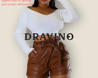 Women’s Brown Genuine Leather Shorts High Waist Belted Soft Lambskin
