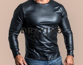 Men’s Black cowhide  Leather T-Shirt – Genuine Leather Slim Fit Long Sleeve Shirt