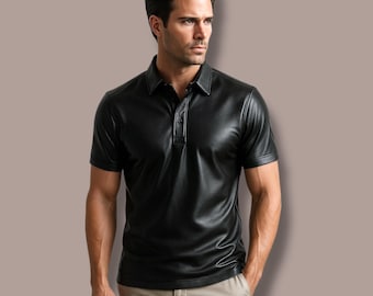 Men’s Black  Leather Polo Shirt – Short Sleeve Casual Slim Fit Top