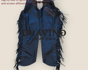 Genuine Leather Cowboy Chaps – Black Fringe Western Riding for Men