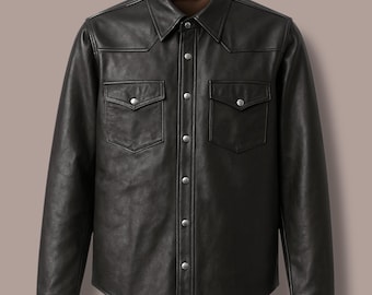 Mens Genuine Lambskin Leather Shirt – Black Slim Fit Stylish Biker Motorcycle Jacket Top