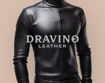 Men’s Black Lambskin Leather High Neck Shirt – Slim Fit Long Sleeve.
