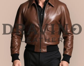 Men’s Brown Lambskin Leather Jacket – Handmade Bomber Style – Soft Genuine Lambskin Coat.