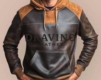 Men's Dark Brown Cowhide Leather Hoodie - Slim Fit Suede Detail