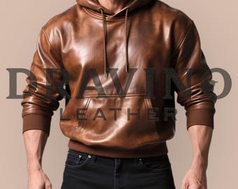 Men’s Brown Leather Hoodie – Vintage Style Handmade Outerwear.