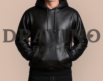Handmade Men's Lambskin Leather Hoodie: Black Pullover with Kangaroo Pocket