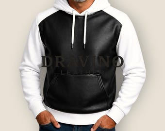 Black & White Lambskin Leather Pullover Hoodie.