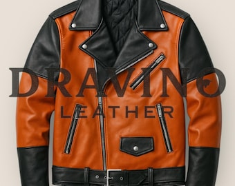 Men’s Two-Tone Cowhide Leather Biker Jacket – Black & Burnt Orange.