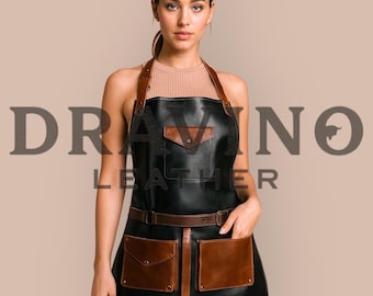 Leather Work Apron for Men's & Women – Adjustable Straps, Utility Pockets, Handmade.