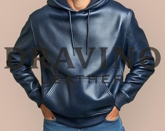 Men's Navy Lambskin Leather Hoodie | Soft Pullover with Kangaroo Pocket