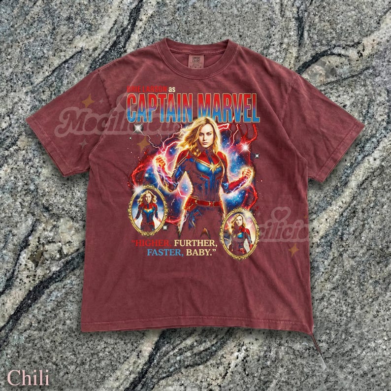 Brie Larson Captain M4rvel 90s Graphic Tee, Higher Further Faster Baby Quote Shirt, Retro Superhero Top, Vintage Streetwear Gift image 3