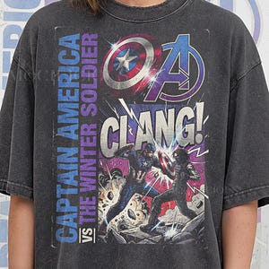 Vintage Captain America vs The Winter Soldier 90s Graphic, Retro M4rvel Comic Style Tee, Grunge Streetwear, Clang Action Hero Gift image 2