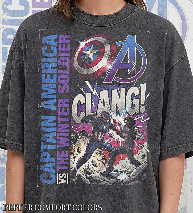 Vintage Captain America vs The Winter Soldier 90s Graphic, Retro M4rvel Comic Style Tee, Grunge Streetwear, Clang Action Hero Gift image 2