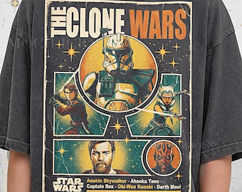 T-shirt vintage in stile grafico anni '90 di The Clone Wars, maglietta retrò sbiadita con maniche lunghe di Anakin Ahsoka Rex, streetwear Y2k, maglietta fantascientifica bootleg in regalo