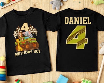 カスタム名入りモンスタートラックTシャツ、カスタムキッズバースデーTシャツ、モンスタートラック好きへのギフト、かわいい幼児用Tシャツ、カスタム名入りTシャツ