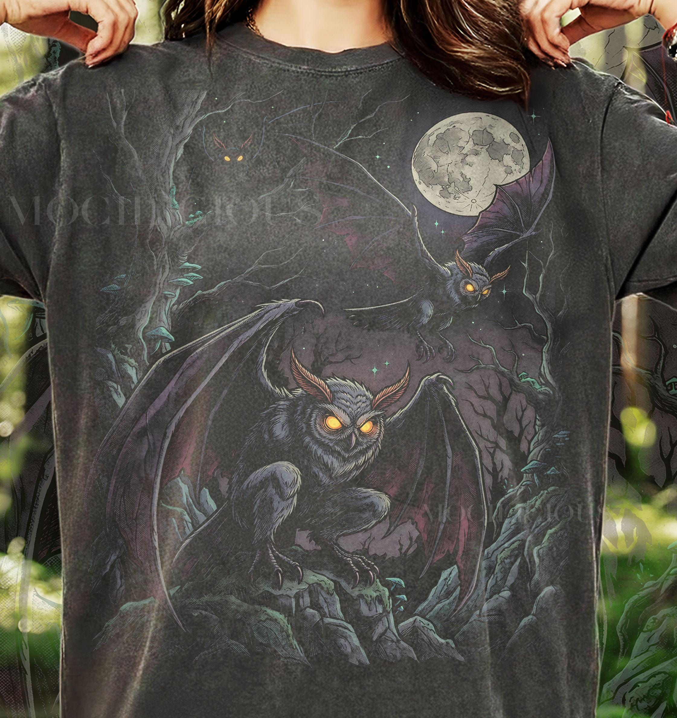 Mothman Cryptid Winged Owl Creature Comfort Colors® Tshirt, Glowing Eyes Dark Forest Vintage Boo