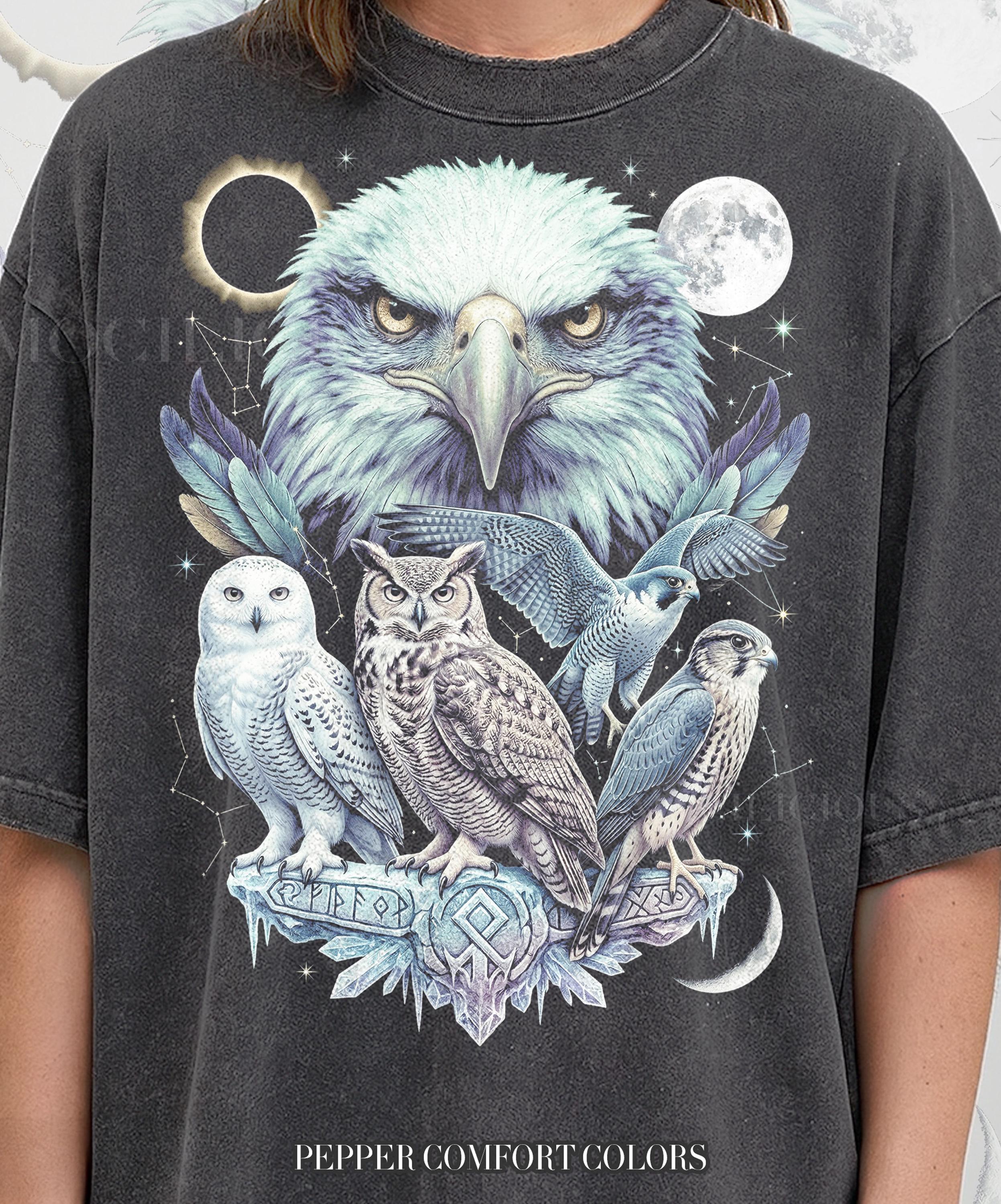 Nordic Eagle Owl Eclipse Comfort Colors® Tshirt, Vintage Viking Rune Mythology Bird Graphic, 90s