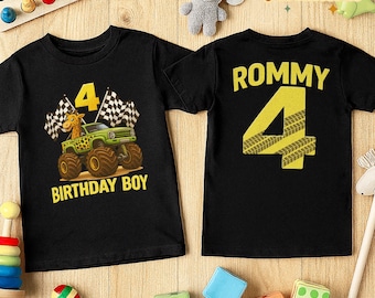 カスタム名入りモンスタートラックTシャツ、カスタムキッズバースデーTシャツ、モンスタートラック好きへのギフト、かわいい幼児用Tシャツ、カスタム名入りTシャツ