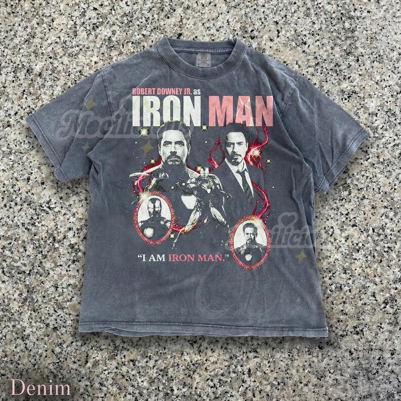 Robert Downey Jr as Iron Man Vintage 90s Graphic Tee, I Am Iron Man M4rvel Shirt, Tony Stark Retro Streetwear, Superhero Gift image 2