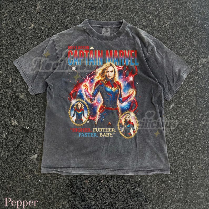 Brie Larson Captain M4rvel 90s Graphic Tee, Higher Further Faster Baby Quote Shirt, Retro Superhero Top, Vintage Streetwear Gift image 4