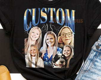 May include: Black t-shirt with a custom design. The word "CUSTOM" is in a blue and yellow gradient font. The shirt features portraits of women and a dog, offering a personalized and unique apparel item.