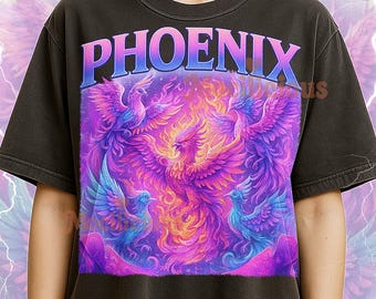 Phoenix Metallic Farbverlauf Bootleg Shirt, Vintage Mythischer Vogel Retro T-Shirt, 90er Jahre Throwback, Phoenix Metallic Farbverlauf Pullover