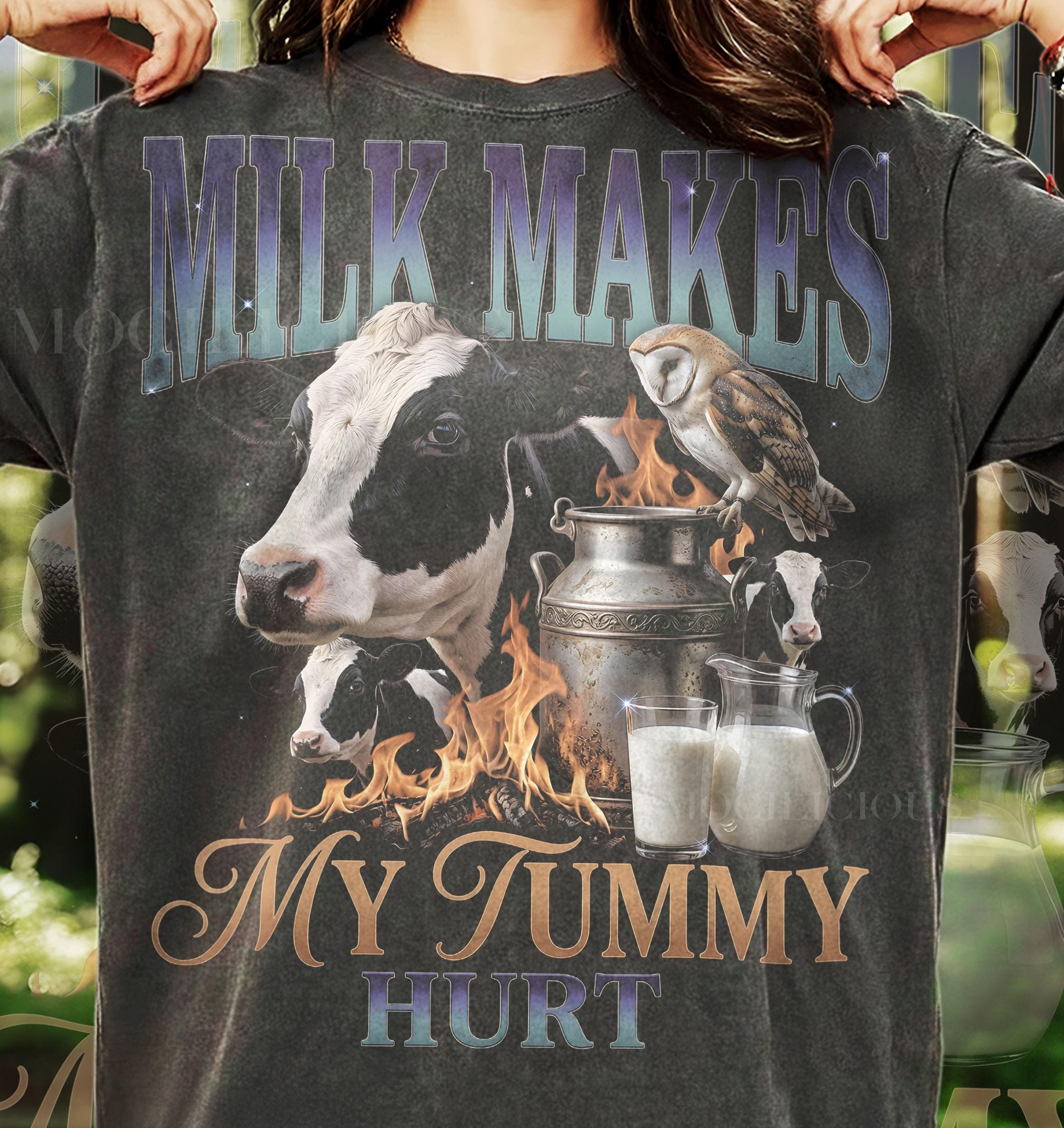 Milk Makes My Tummy Hurt Cow Barn Owl Comfort Colors® Tshirt, Dairy Vintage Bootleg Retro 90s Gr