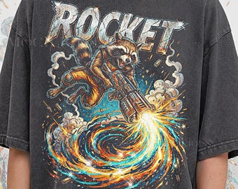 Vintage Rocket Raccoon 90s Graphic Style T-Shirt, Retro Space Action Animal Tee, Y2k Streetwear, Faded Rocket Text, 2000s Sci-Fi Gift