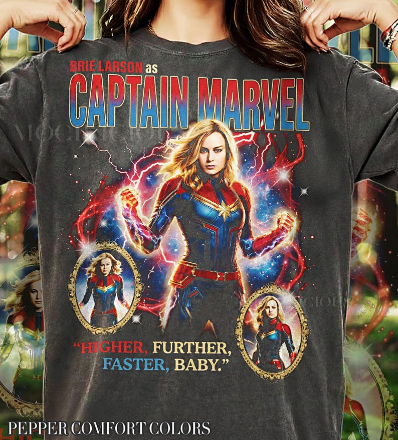 Brie Larson Captain M4rvel 90s Graphic Tee, Higher Further Faster Baby Quote Shirt, Retro Superhero Top, Vintage Streetwear Gift image 2