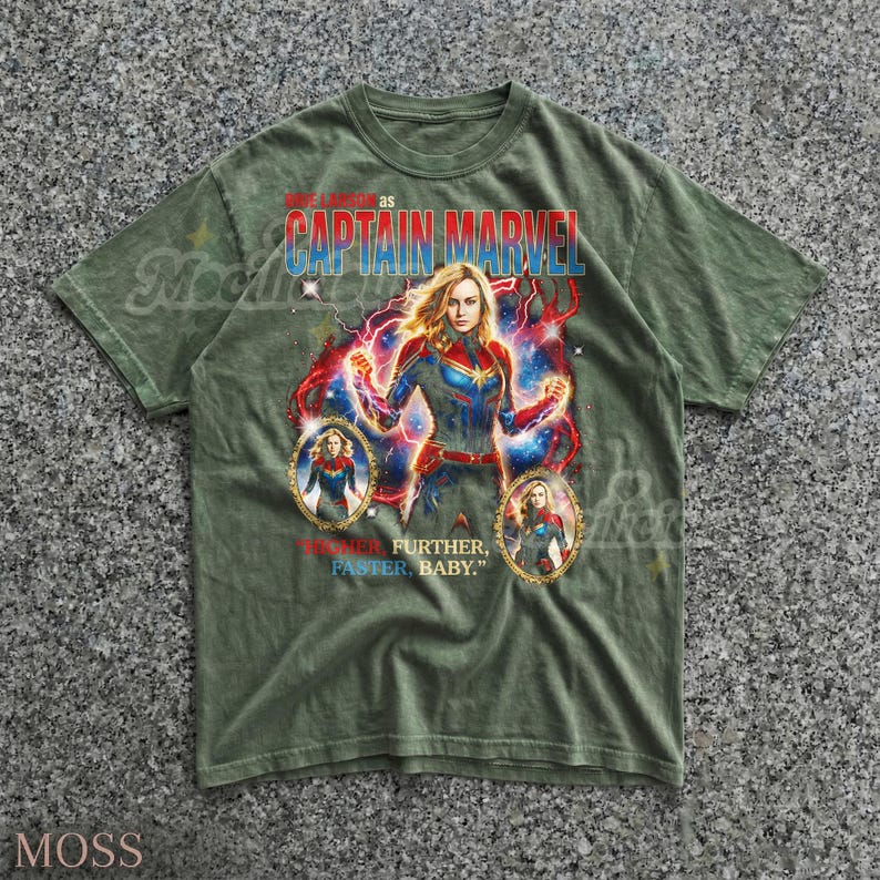Brie Larson Captain M4rvel 90s Graphic Tee, Higher Further Faster Baby Quote Shirt, Retro Superhero Top, Vintage Streetwear Gift image 7