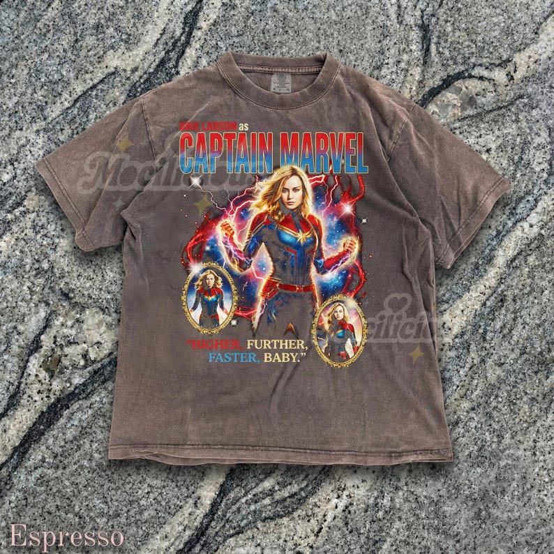 Brie Larson Captain M4rvel 90s Graphic Tee, Higher Further Faster Baby Quote Shirt, Retro Superhero Top, Vintage Streetwear Gift image 5