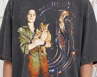 vintage Alien Ripley Jonesy, style graphique des années 90, t-shirt Comfort Colors®, t-shirt délavé avec chat de science-fiction rétro, cadeau streetwear de film d'horreur de l'an 2000