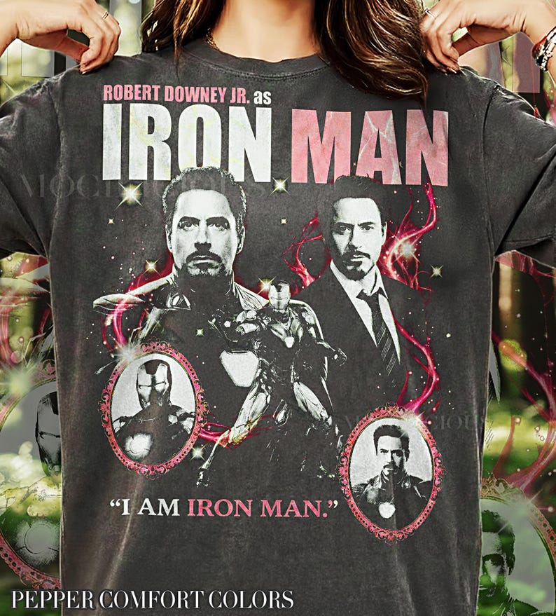 Robert Downey Jr as Iron Man Vintage 90s Graphic Tee, I Am Iron Man M4rvel Shirt, Tony Stark Retro Streetwear, Superhero Gift image 1