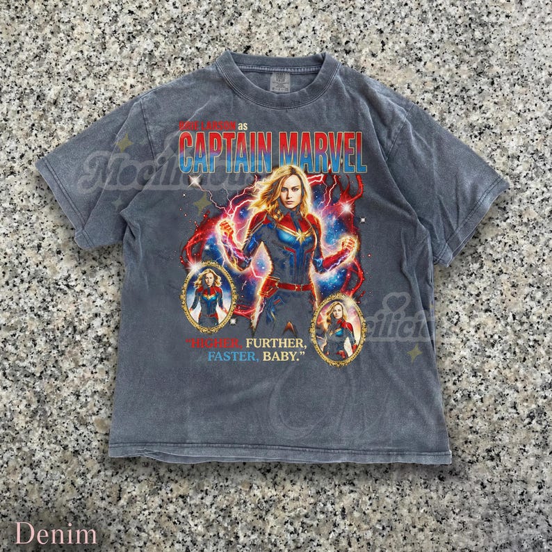 Brie Larson Captain M4rvel 90s Graphic Tee, Higher Further Faster Baby Quote Shirt, Retro Superhero Top, Vintage Streetwear Gift image 1