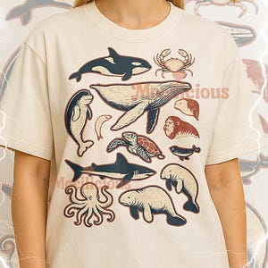 Marine Wildlife Array Bootleg Shirt, Vintage Nautical Ocean Mist Tee, 90s Retro Throwback, Marine Wildlife Array Sweater