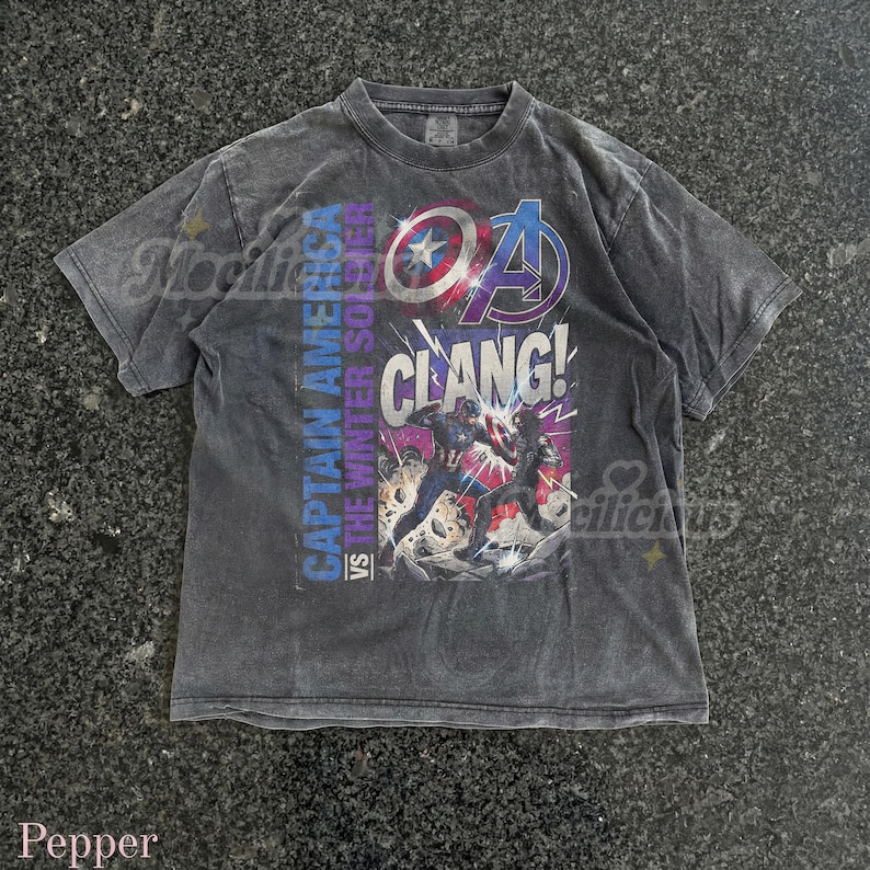 Vintage Captain America vs The Winter Soldier 90s Graphic, Retro M4rvel Comic Style Tee, Grunge Streetwear, Clang Action Hero Gift image 1