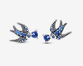 Puces d'oreilles bleues scintillantes hirondelle en argent sterling S925 Pandora CZ pavée