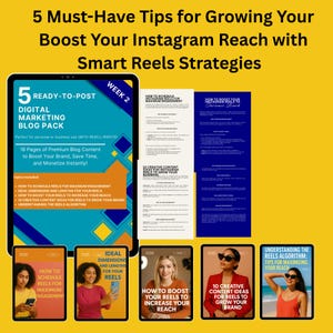 Könnte beinhalten: Ein digitales Marketing-Blog-Paket mit dem Text "5 Must-Have Tipps für das Wachstum Ihrer Instagram-Reichweite mit Smart Reels-Strategien". Das Paket enthält 18 Seiten mit Inhalten und Tipps zu Instagram Reels.