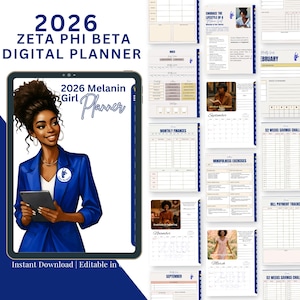 May include: A digital planner for 2026, featuring a portrait of a woman in a blue blazer holding a tablet. The planner includes sections for monthly finances, savings challenges, and mindfulness exercises. Text on the image reads "2026 Zeta Phi Beta Digital Planner."