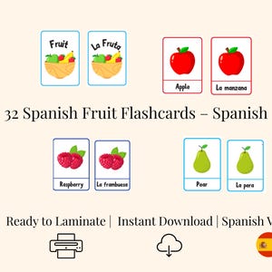 Spanish Fruit Flashcards Printable – Spanish Vocabulary Game for Kids – Teach Spanish Language PDF Download – Classroom Resource A4