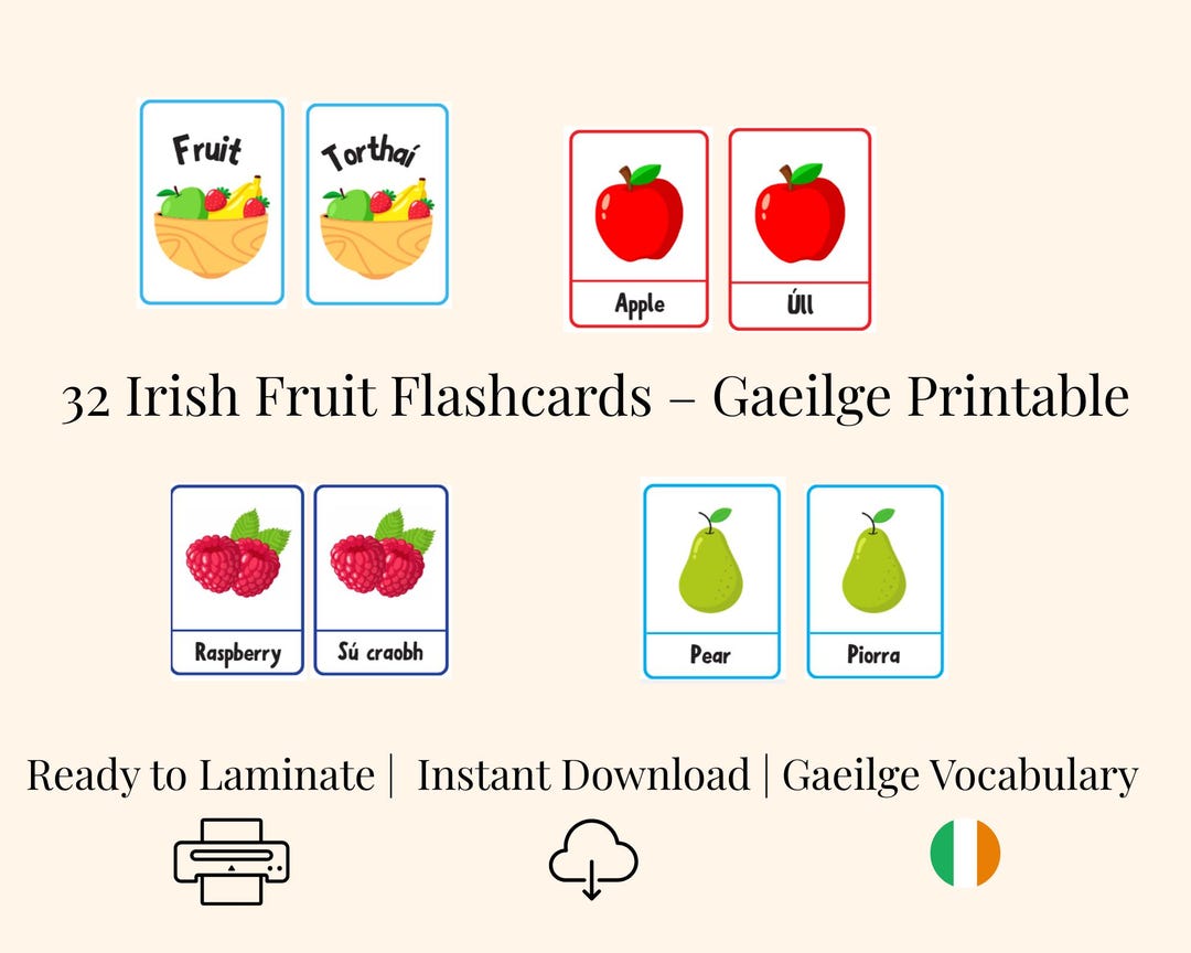 Tarjetas de vocabulario de frutas irlandesas imprimibles – Juego de ...