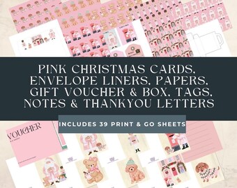 Pink Christmas Stationary & Greetings Cards Collection - 39 Sheets - Click, Print, Go!!!