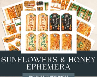 Sunflowers & Honey Ephemera Kit. 10 New Printable Pages.