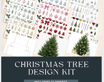 Christmas Tree Decoration Kit - 11 Sheets + Free Gift Box Template. Transparent Background.
