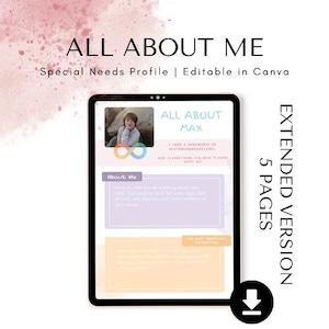 All About Me One Page Profile template for Special Needs, Autism, ADHD, Digital download. Resource for teachers, carers and professionals
