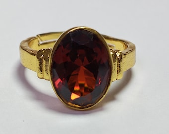 Gomed Hessonite Gold Plated Adjustable Ring for Men and Women | Oval Cut Solitaire Astrological Gemstone Ring | Free Size Finger Ring