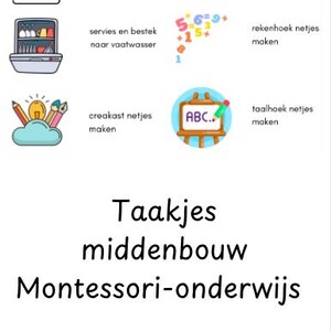 Op de afbeelding: Een witte achtergrond met diverse iconen en tekst. Iconen zijn onder meer een toiletbord, een kalender, een vaatwasser, een reeks getallen, een gloeilamp met potloden en een whiteboard. Tekst bevat "Taakjes middenbouw Montessori-onderwijs".